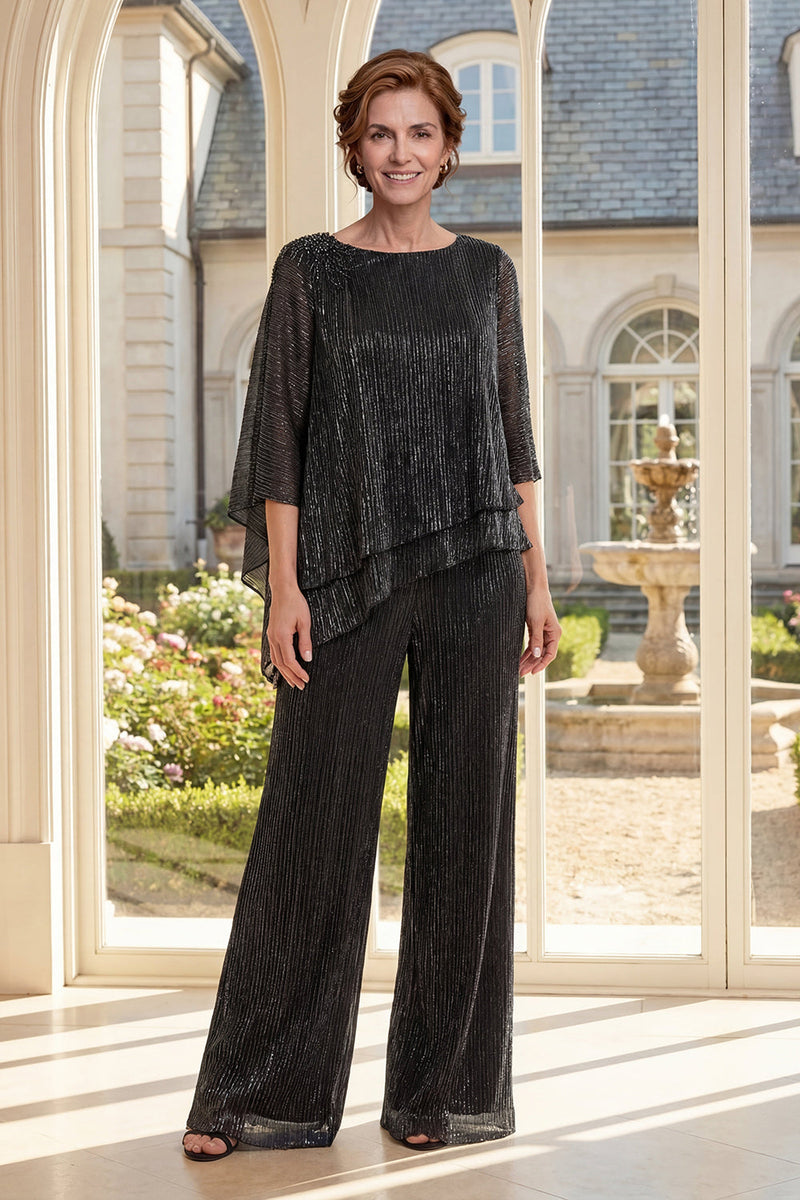Load image into Gallery viewer, Glitter Ruffled Black 2 Piece Mother of the Bride Pantsuits with Pleats