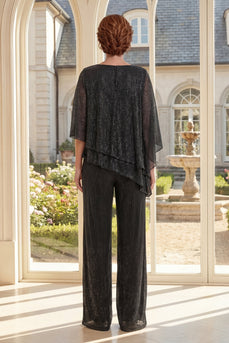 Glitter Ruffled Black 2 Piece Mother of the Bride Pantsuits with Pleats