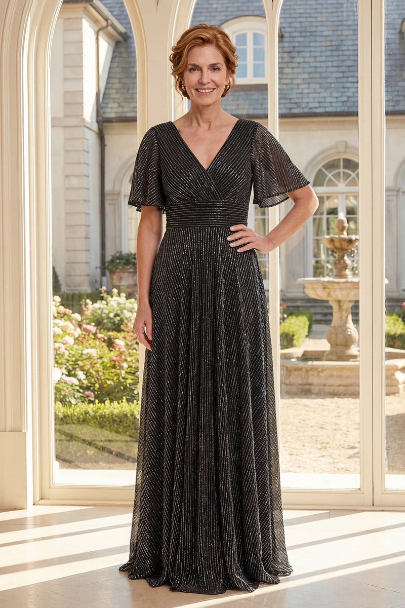 Load image into Gallery viewer, Flutter Sleeves Black Glitter A Line Long Mother of the Bride Dress with Pleats