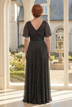 Flutter Sleeves Black Glitter A Line Long Mother of the Bride Dress with Pleats