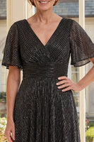 Load image into Gallery viewer, Flutter Sleeves Black Glitter A Line Long Mother of the Bride Dress with Pleats