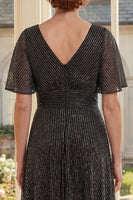 Load image into Gallery viewer, Flutter Sleeves Black Glitter A Line Long Mother of the Bride Dress with Pleats