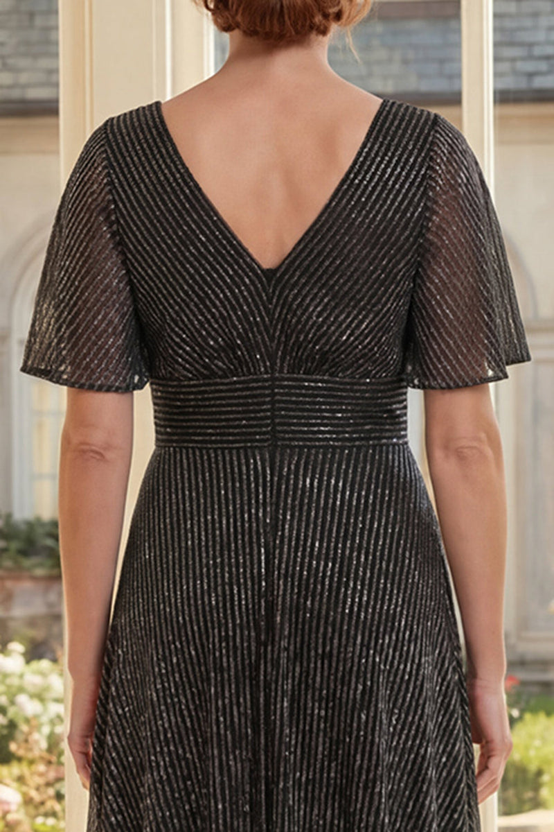 Load image into Gallery viewer, Flutter Sleeves Black Glitter A Line Long Mother of the Bride Dress with Pleats