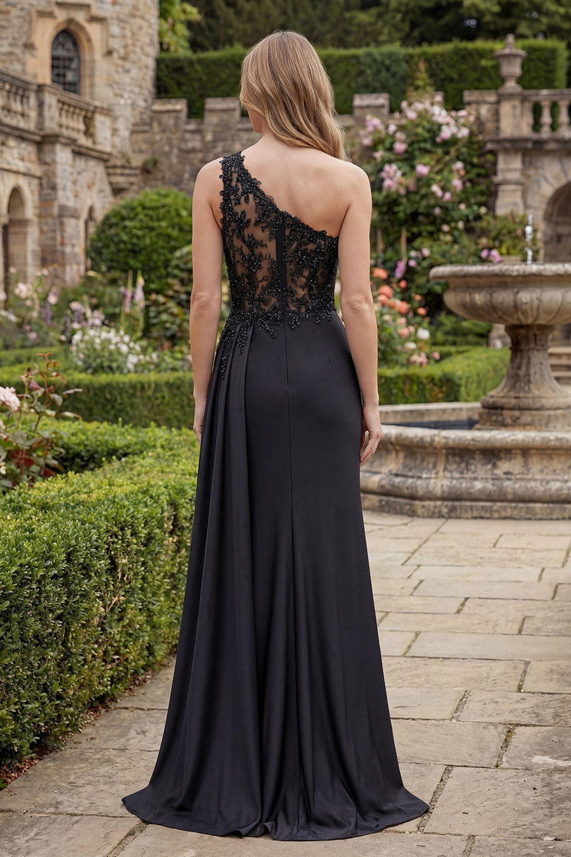 Load image into Gallery viewer, Ruched Appliqued Sheath Long Black Formal Dress with Side Cape