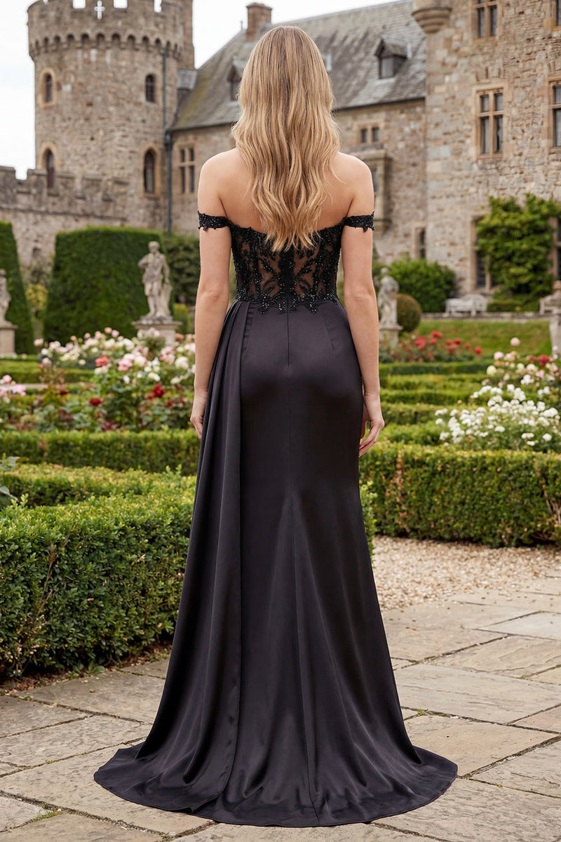 Load image into Gallery viewer, Off the Shoulder Ruched Mermaid Appliqued Long Black Formal Dress with Side Cape
