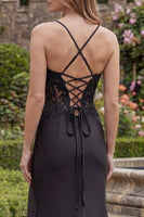Load image into Gallery viewer, Spaghetti Straps Mermaid Long Black Formal Dress with Lace