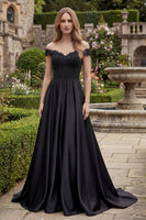 Load image into Gallery viewer, A Line Beaded Off the Shoulder Long Black Formal Dress with Lace