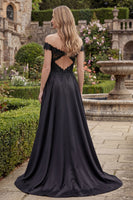 Load image into Gallery viewer, A Line Beaded Off the Shoulder Long Black Formal Dress with Lace