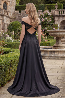 A Line Beaded Off the Shoulder Long Black Formal Dress with Lace