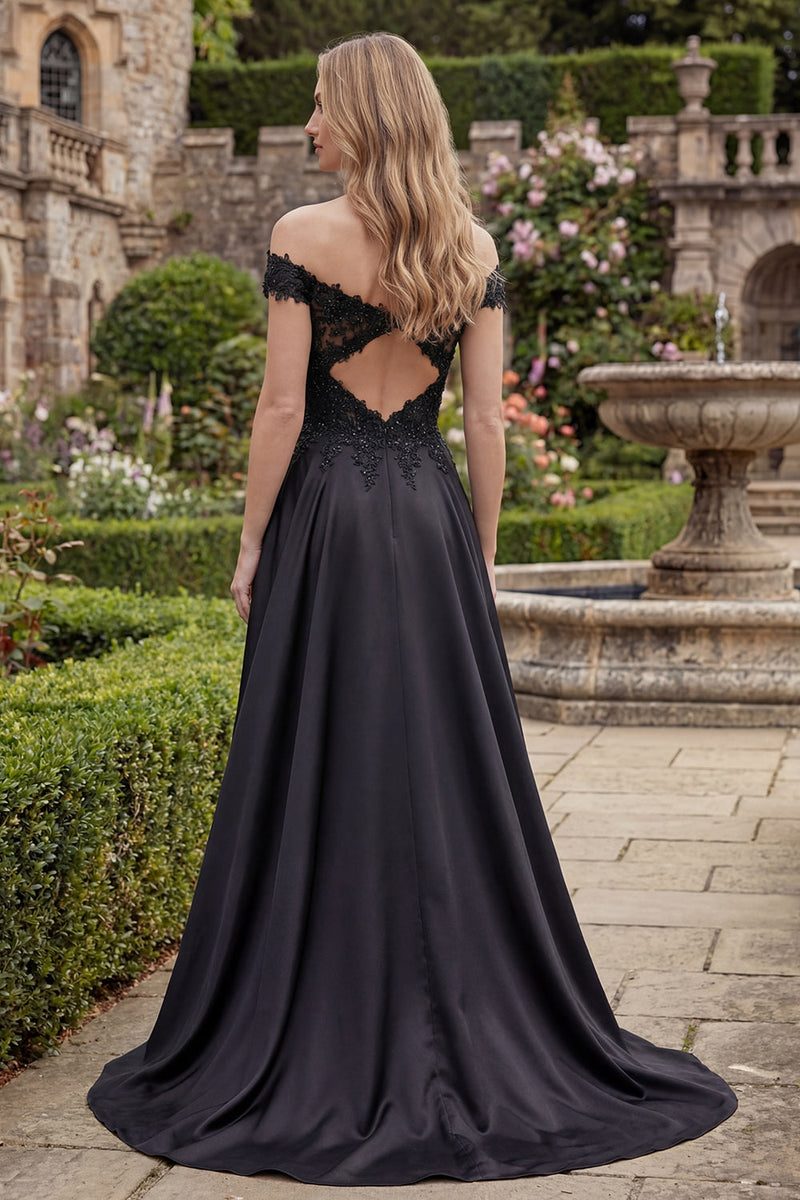 Load image into Gallery viewer, A Line Beaded Off the Shoulder Long Black Formal Dress with Lace