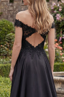 Load image into Gallery viewer, A Line Beaded Off the Shoulder Long Black Formal Dress with Lace