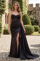 Load image into Gallery viewer, Spaghetti Straps Beaded Ruched Long Mermaid Black Formal Dress with Side Cape