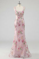Load image into Gallery viewer, Sparkly Pink Long Mermaid Floral Beaded Formal Dress