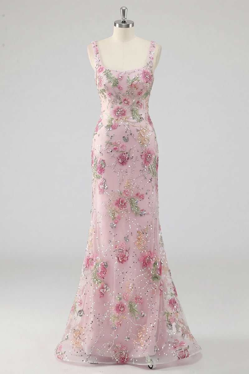 Load image into Gallery viewer, Sparkly Pink Long Mermaid Floral Beaded Formal Dress