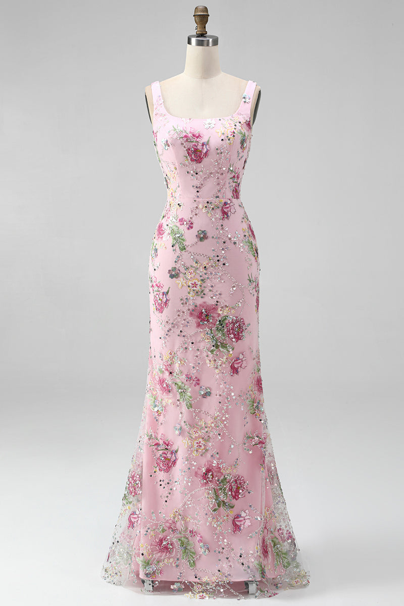 Load image into Gallery viewer, Sparkly Pink Long Mermaid Floral Beaded Formal Dress