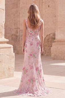 Sparkly Pink Long Mermaid Floral Beaded Formal Dress