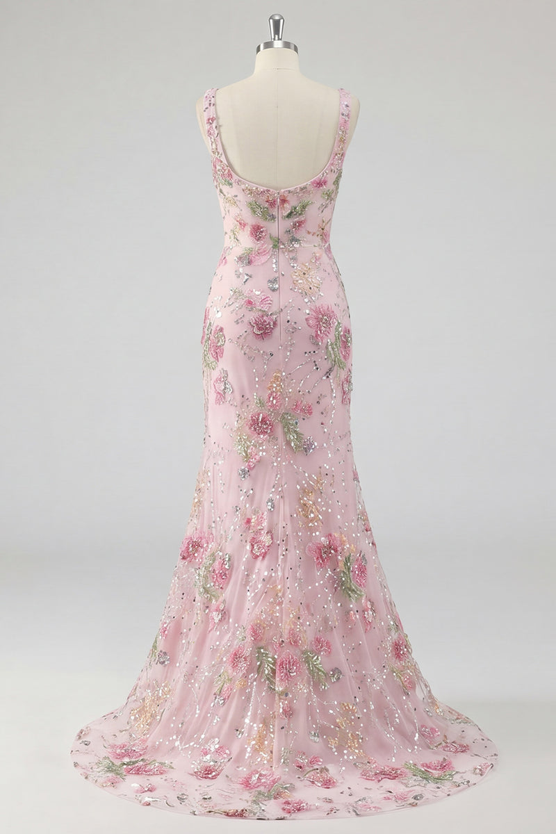 Load image into Gallery viewer, Sparkly Pink Long Mermaid Floral Beaded Formal Dress