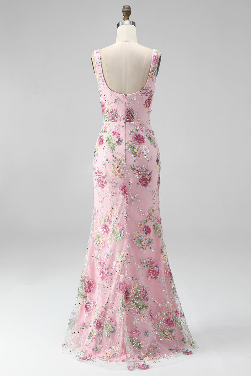 Load image into Gallery viewer, Sparkly Pink Long Mermaid Floral Beaded Formal Dress