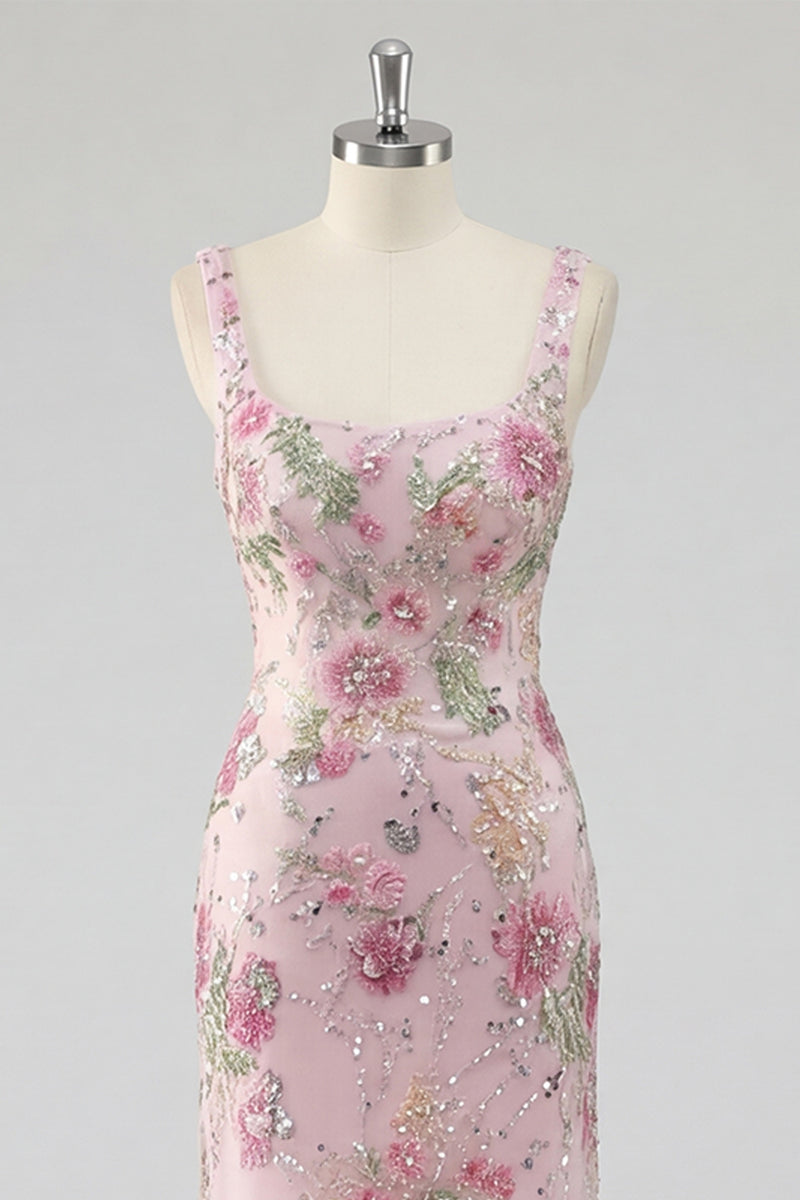Load image into Gallery viewer, Sparkly Pink Long Mermaid Floral Beaded Formal Dress