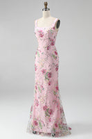 Load image into Gallery viewer, Sparkly Pink Long Mermaid Floral Beaded Formal Dress