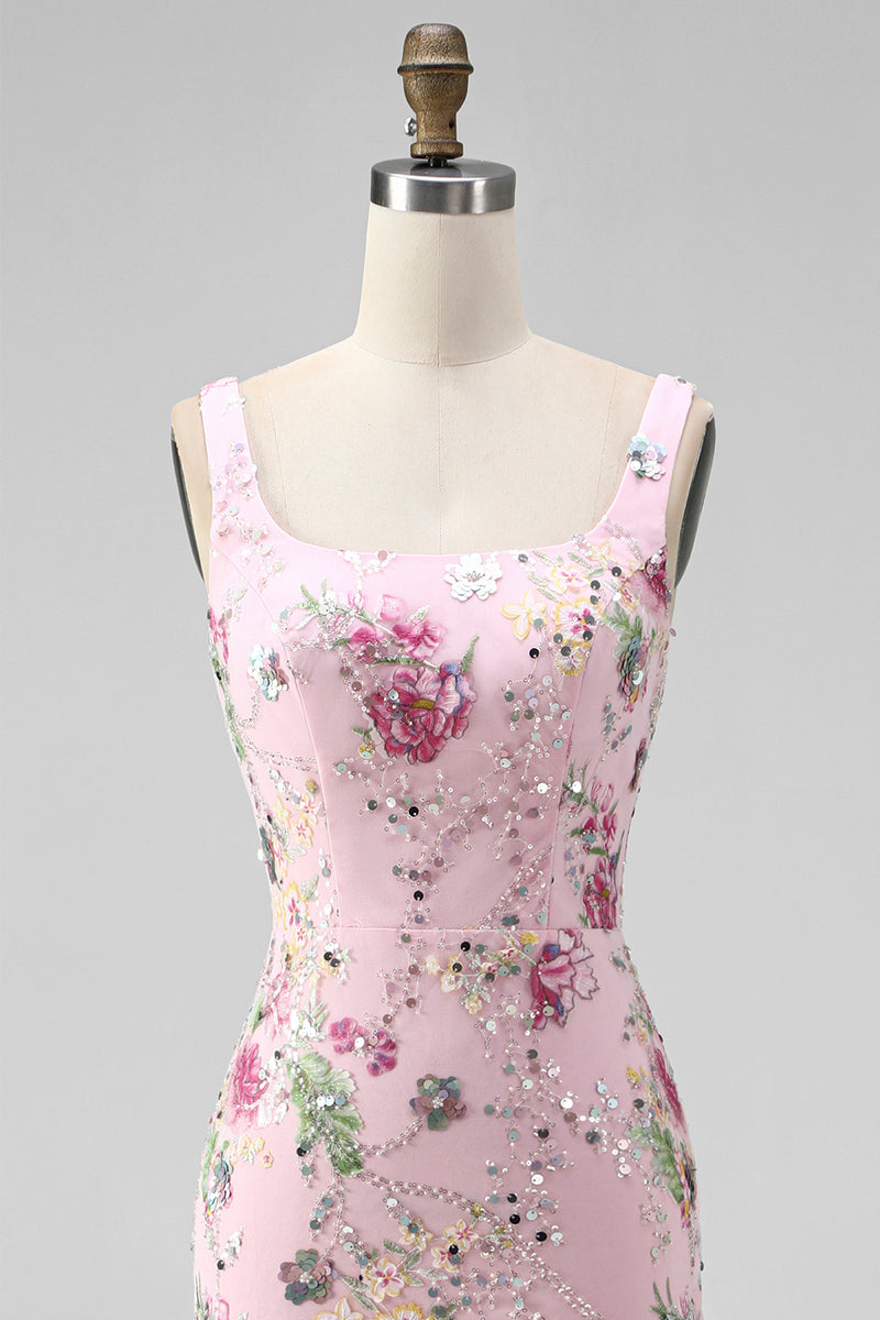 Load image into Gallery viewer, Sparkly Pink Long Mermaid Floral Beaded Formal Dress