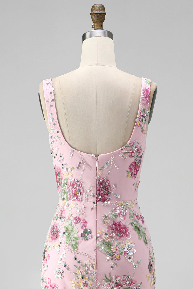 Load image into Gallery viewer, Sparkly Pink Long Mermaid Floral Beaded Formal Dress