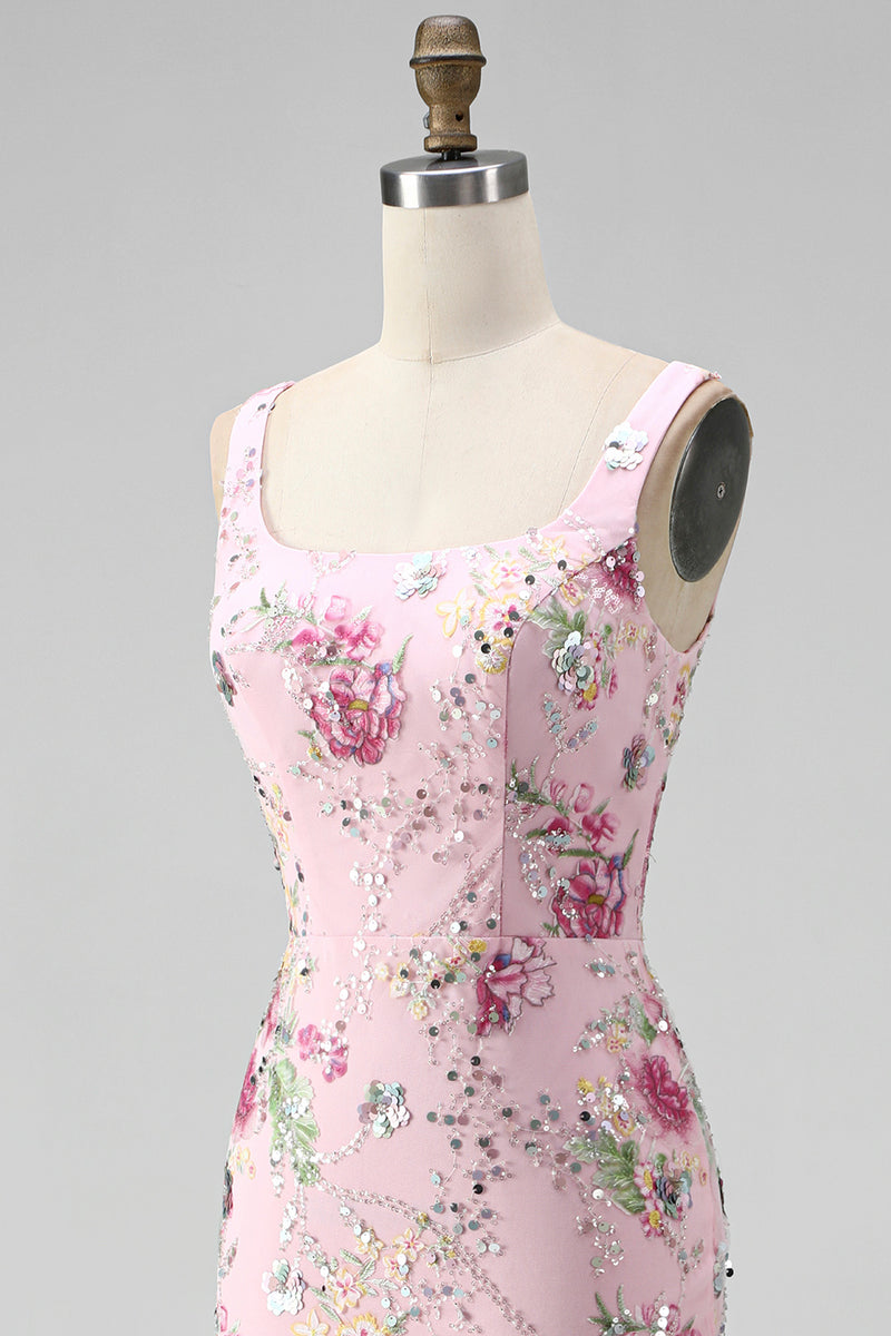 Load image into Gallery viewer, Sparkly Pink Long Mermaid Floral Beaded Formal Dress
