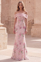 Load image into Gallery viewer, Sparkly Floral Mermaid Off the Shoulder Pink Long Beaded Formal Dress