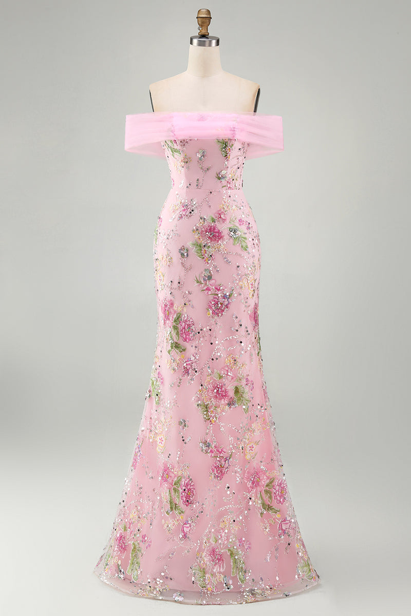 Load image into Gallery viewer, Sparkly Floral Mermaid Off the Shoulder Pink Long Beaded Formal Dress