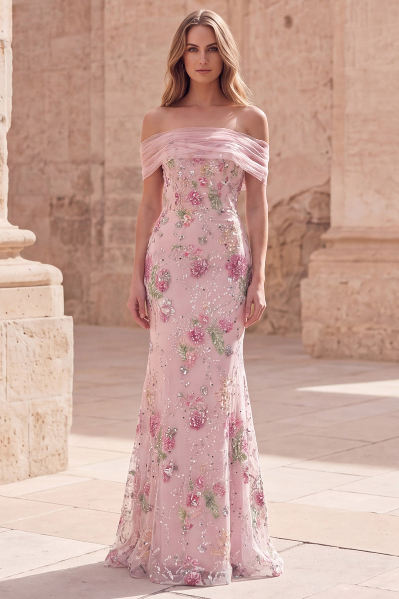 Load image into Gallery viewer, Sparkly Floral Mermaid Off the Shoulder Pink Long Beaded Formal Dress