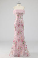 Load image into Gallery viewer, Sparkly Floral Mermaid Off the Shoulder Pink Long Beaded Formal Dress