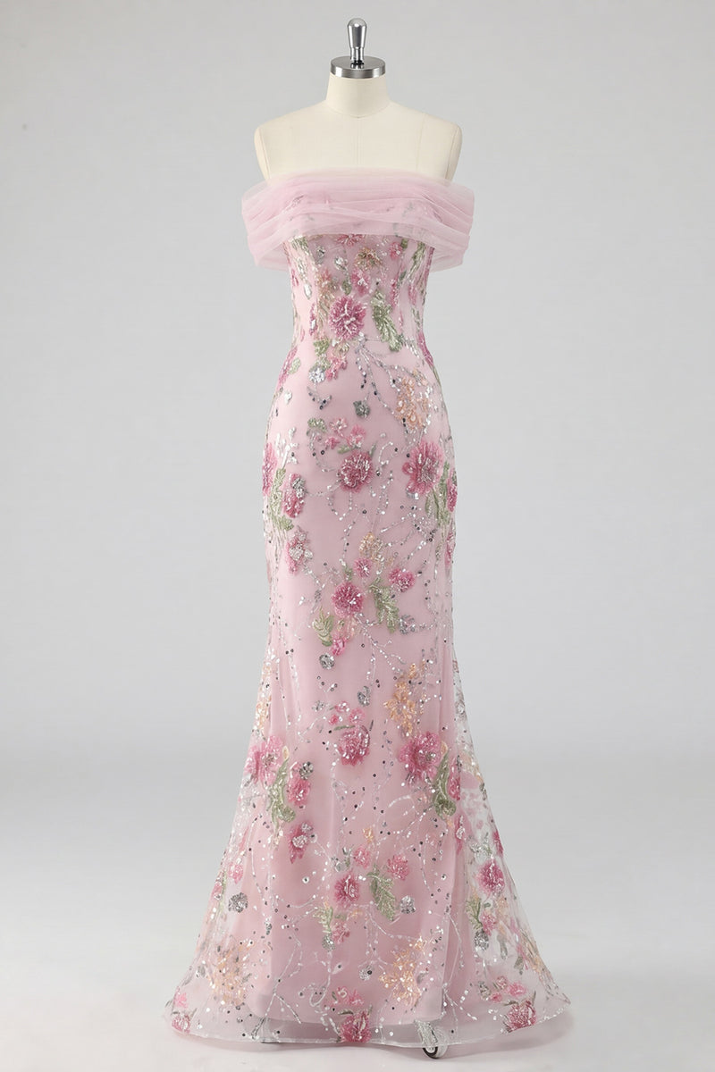 Load image into Gallery viewer, Sparkly Floral Mermaid Off the Shoulder Pink Long Beaded Formal Dress