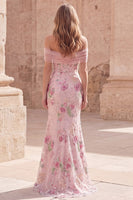 Load image into Gallery viewer, Sparkly Floral Mermaid Off the Shoulder Pink Long Beaded Formal Dress