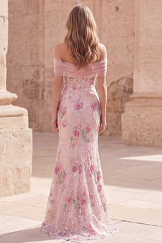 Sparkly Floral Mermaid Off the Shoulder Pink Long Beaded Formal Dress
