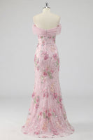 Load image into Gallery viewer, Sparkly Floral Mermaid Off the Shoulder Pink Long Beaded Formal Dress