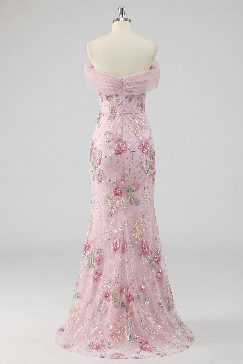 Load image into Gallery viewer, Sparkly Floral Mermaid Off the Shoulder Pink Long Beaded Formal Dress