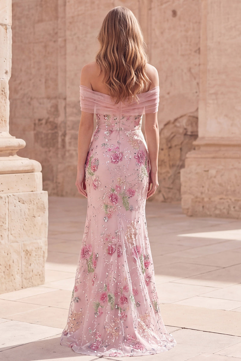 Load image into Gallery viewer, Sparkly Floral Mermaid Off the Shoulder Pink Long Beaded Formal Dress