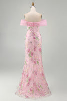 Load image into Gallery viewer, Sparkly Floral Mermaid Off the Shoulder Pink Long Beaded Formal Dress