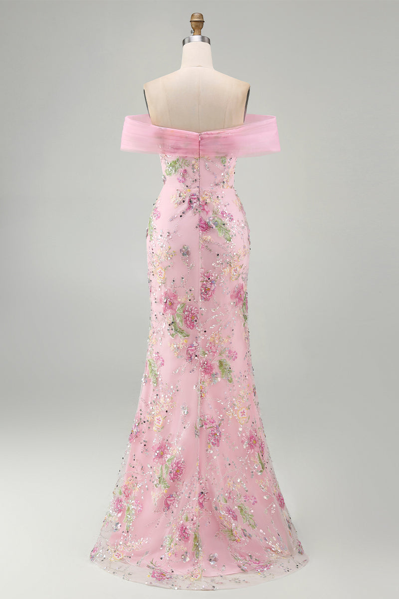 Load image into Gallery viewer, Sparkly Floral Mermaid Off the Shoulder Pink Long Beaded Formal Dress