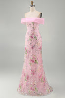 Load image into Gallery viewer, Sparkly Floral Mermaid Off the Shoulder Pink Long Beaded Formal Dress