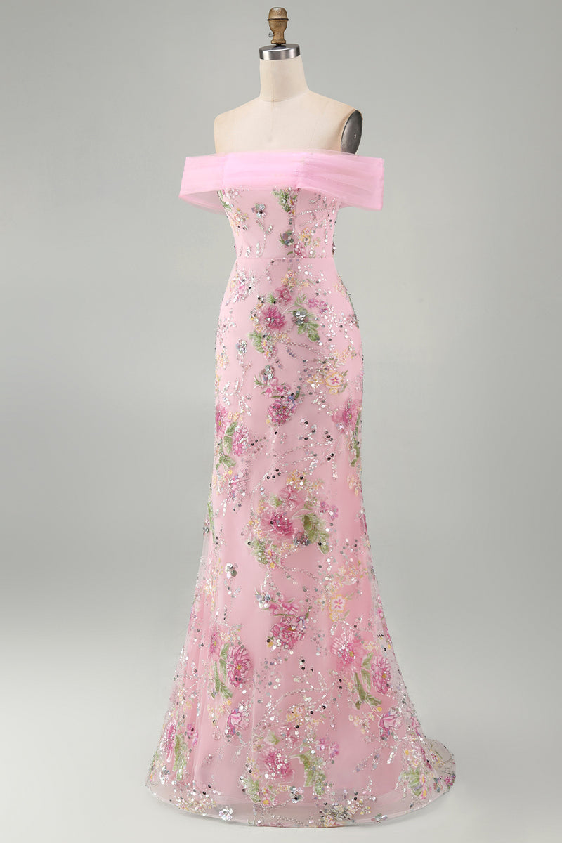 Load image into Gallery viewer, Sparkly Floral Mermaid Off the Shoulder Pink Long Beaded Formal Dress