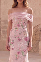 Load image into Gallery viewer, Sparkly Floral Mermaid Off the Shoulder Pink Long Beaded Formal Dress