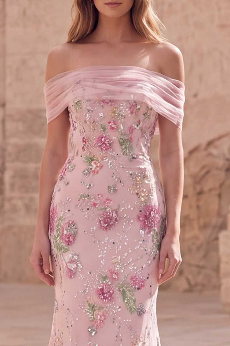 Load image into Gallery viewer, Sparkly Floral Mermaid Off the Shoulder Pink Long Beaded Formal Dress