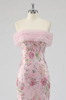 Load image into Gallery viewer, Sparkly Floral Mermaid Off the Shoulder Pink Long Beaded Formal Dress