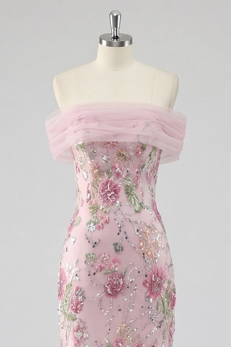 Load image into Gallery viewer, Sparkly Floral Mermaid Off the Shoulder Pink Long Beaded Formal Dress