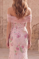 Load image into Gallery viewer, Sparkly Floral Mermaid Off the Shoulder Pink Long Beaded Formal Dress