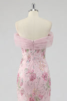 Load image into Gallery viewer, Sparkly Floral Mermaid Off the Shoulder Pink Long Beaded Formal Dress