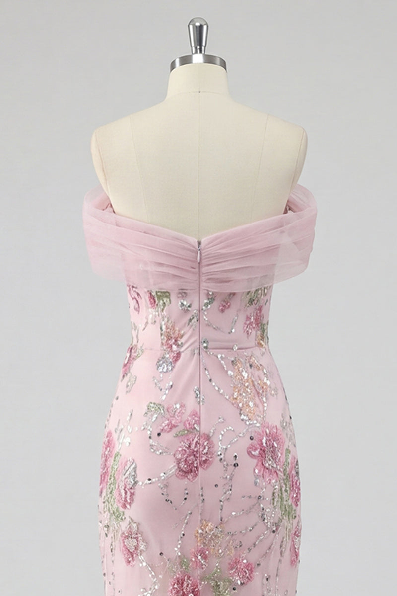 Load image into Gallery viewer, Sparkly Floral Mermaid Off the Shoulder Pink Long Beaded Formal Dress