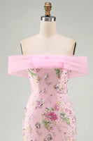 Load image into Gallery viewer, Sparkly Floral Mermaid Off the Shoulder Pink Long Beaded Formal Dress
