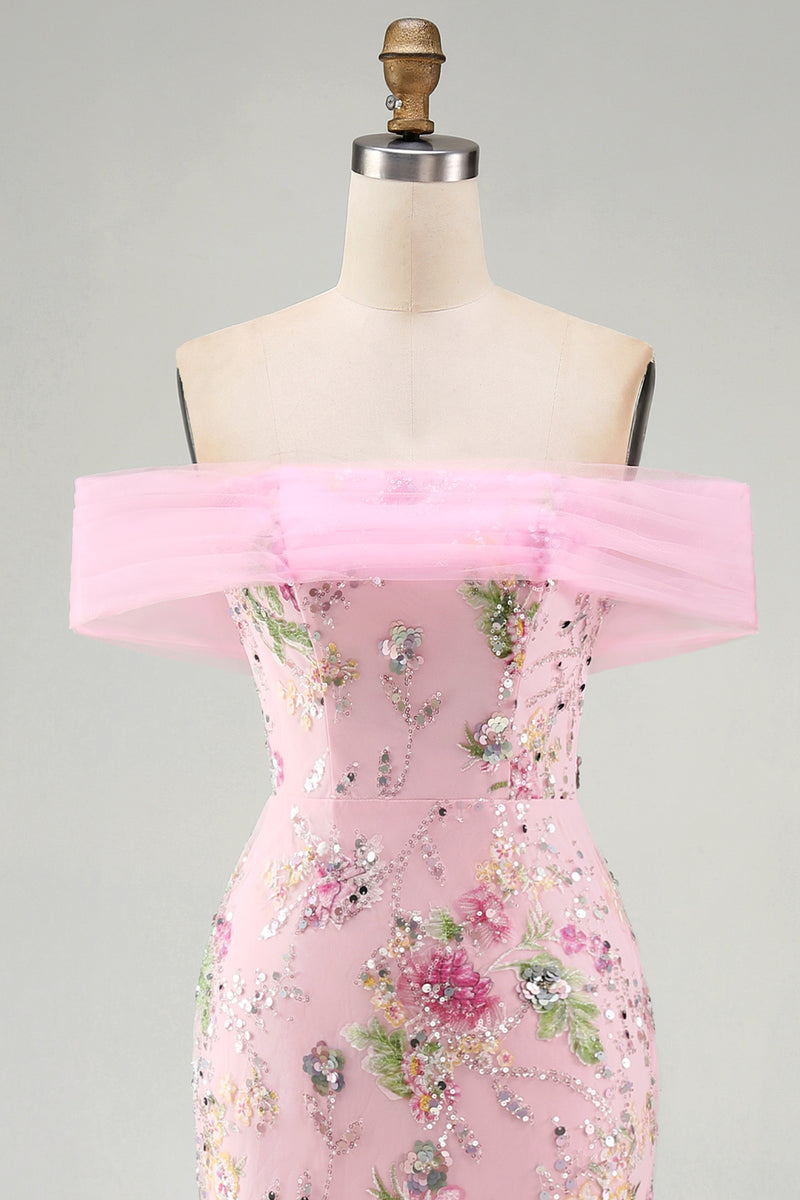 Load image into Gallery viewer, Sparkly Floral Mermaid Off the Shoulder Pink Long Beaded Formal Dress